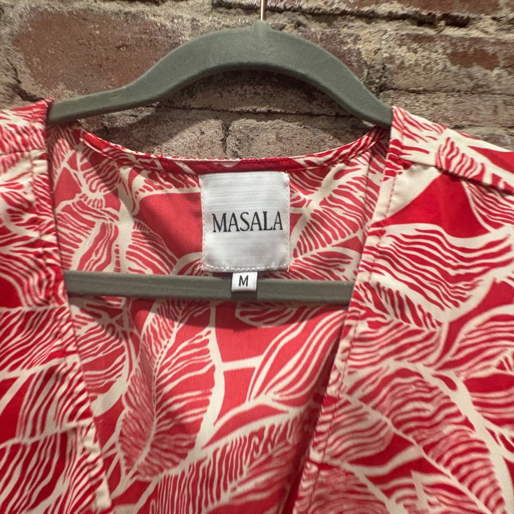 Masala Red White Tropical Leaf Print Maxi Dress V Neck Smocked Dress Size Medium - Picture 4 of 8
